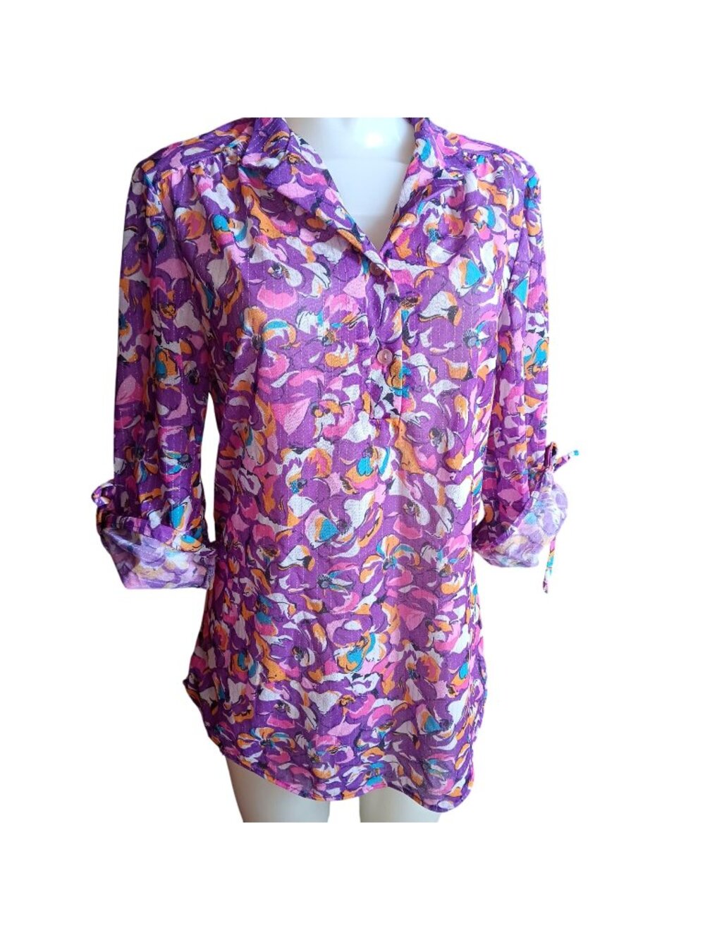 True Vintage Sheer Top Blouse Medium Purple Floral 1970's Roll-Up Sleeves